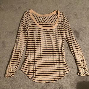 Striped Beige and Black Lace Sleeve Free People Top